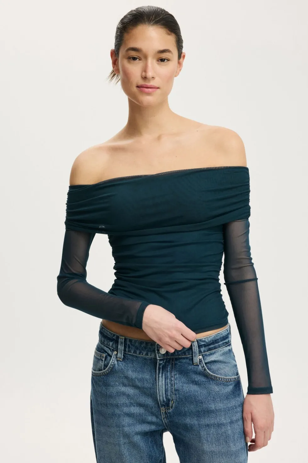 Ashley Off Shoulder Mesh Long Sleeve Top