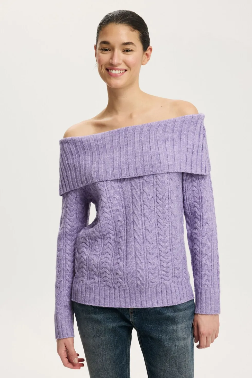 Fluffy Cable Off Shoulder Knit