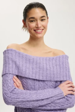 Fluffy Cable Off Shoulder Knit