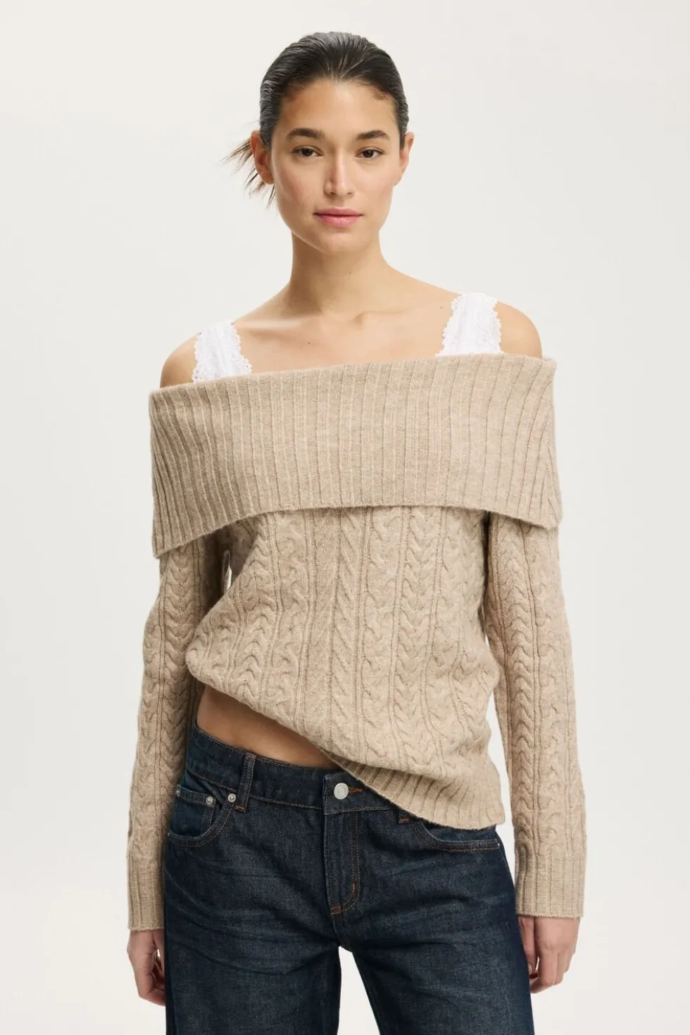 Fluffy Cable Off Shoulder Knit