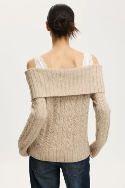 Fluffy Cable Off Shoulder Knit