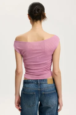 Gathered Mesh Off Shoulder Top