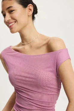Gathered Mesh Off Shoulder Top