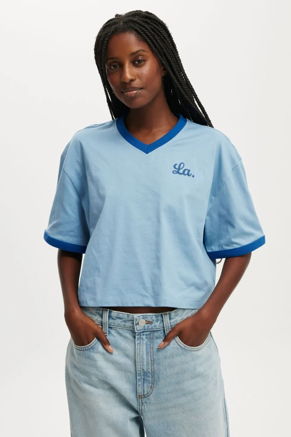V Neck Boxy Crop Graphic Tee